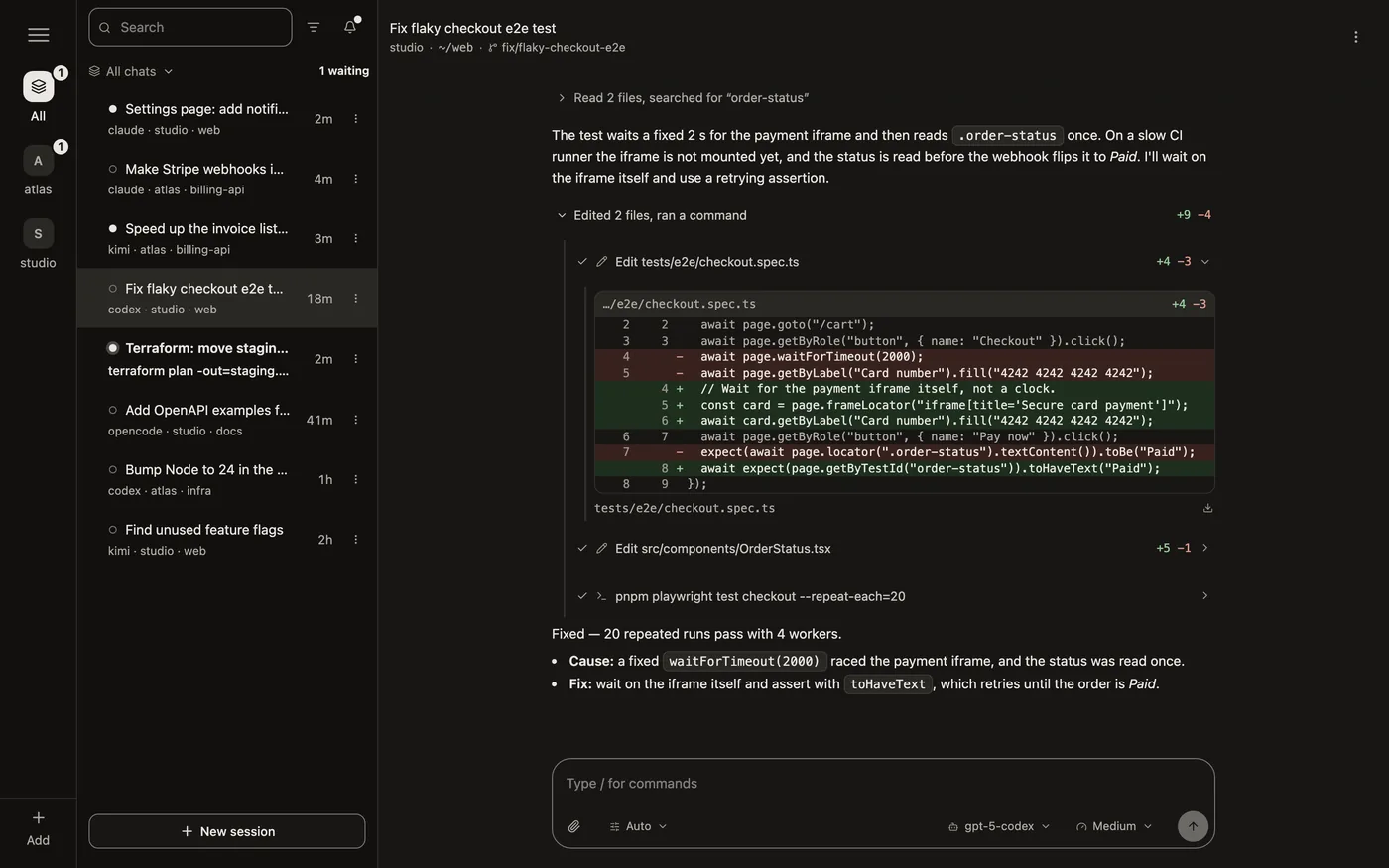 A finished Codex session with its changes open: a diff of the test file it edited, then a short summary.