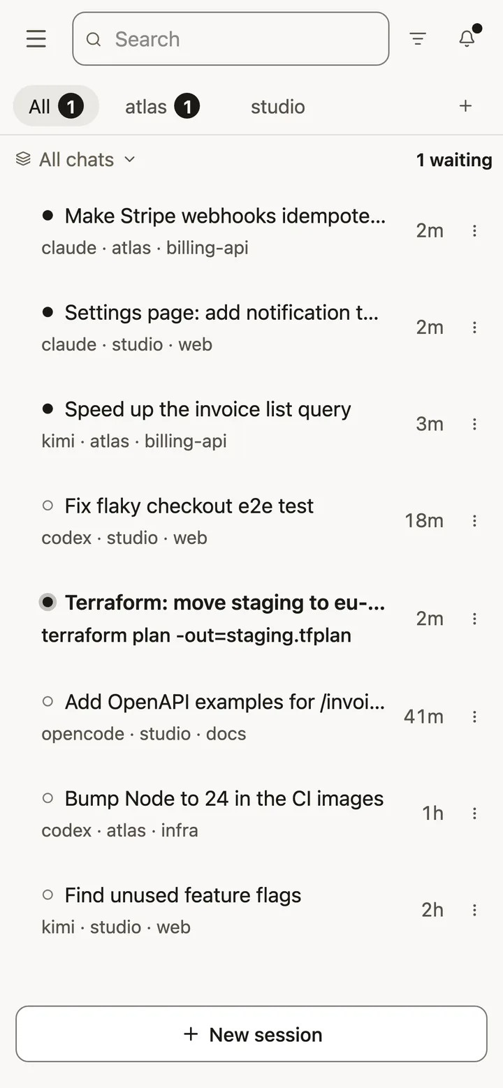The app on a phone: the session list, with one session waiting for an answer.