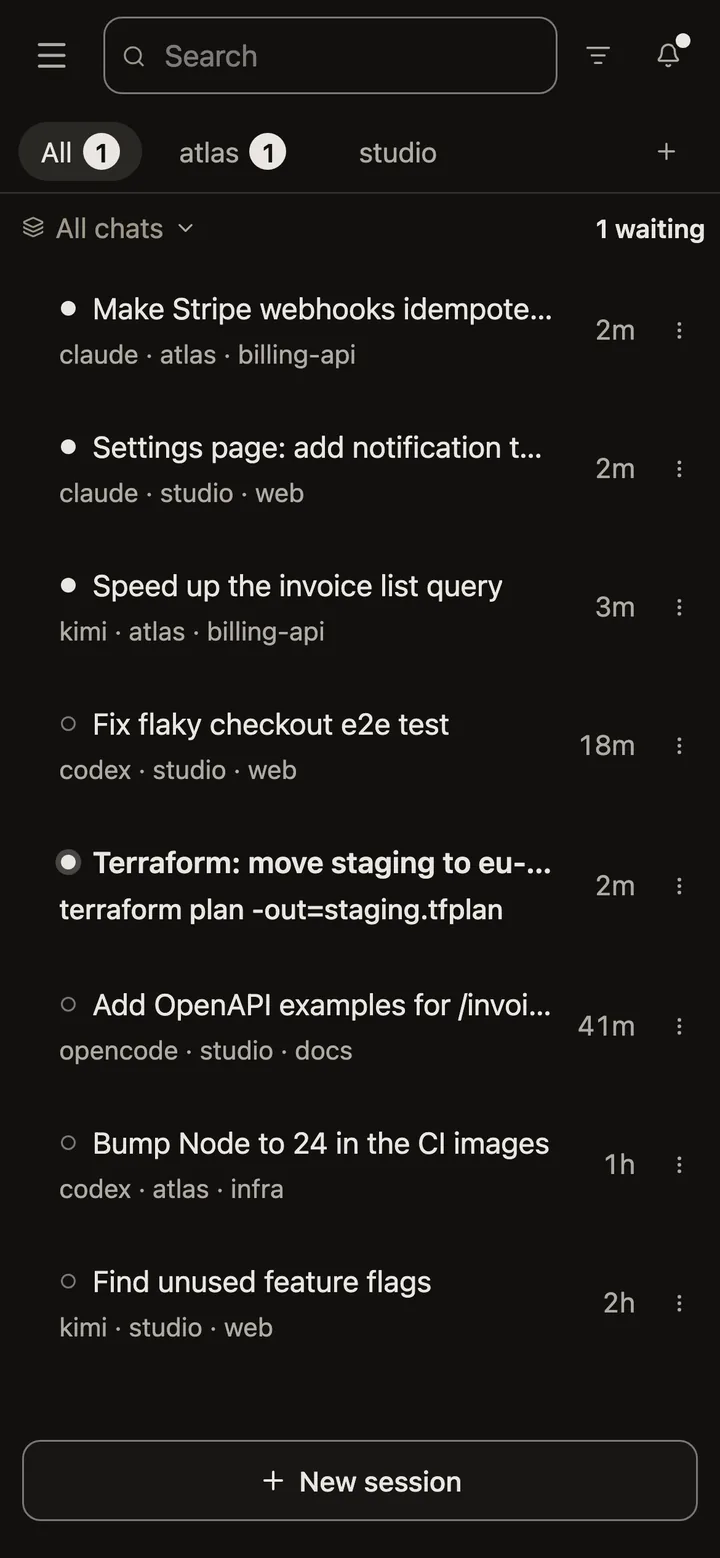 The app on a phone: the session list, with one session waiting for an answer.